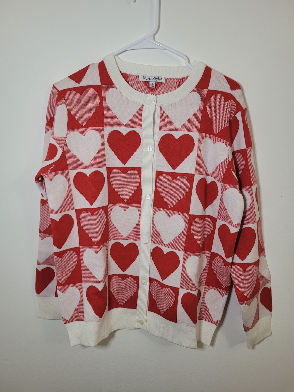 NorthStyle Red & Pink Heart Pattern Cardigan Sweater Size Small